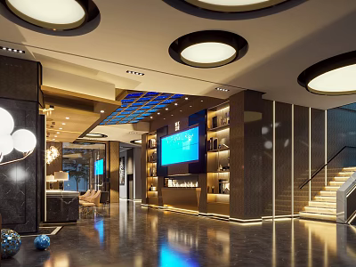 Modern KTV Lobby Interior With Circular Ceiling Lights Large Screen TV Reception Desk And Staircase 3d model