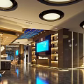 Modern KTV Lobby Interior With Circular Ceiling Lights Large Screen TV Reception Desk And Staircase