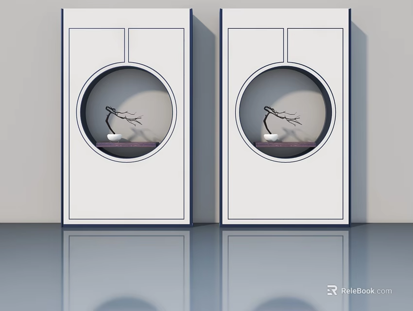 White Swing Doors With Circular Windows And Bird Ornaments In Modern Style 3d model 