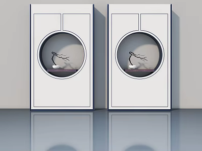 White Swing Doors With Circular Windows And Bird Ornaments In Modern Style 3d model