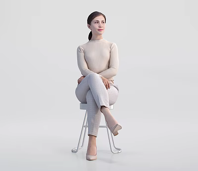 A Woman Sitting on Chair Wearing Beige Turtleneck Sweater and Light Pants 3d model