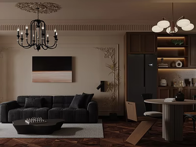 Modern Living Dining Room Interior Design With Black Sofa Dining Table And Kitchen Cabinets 3d model