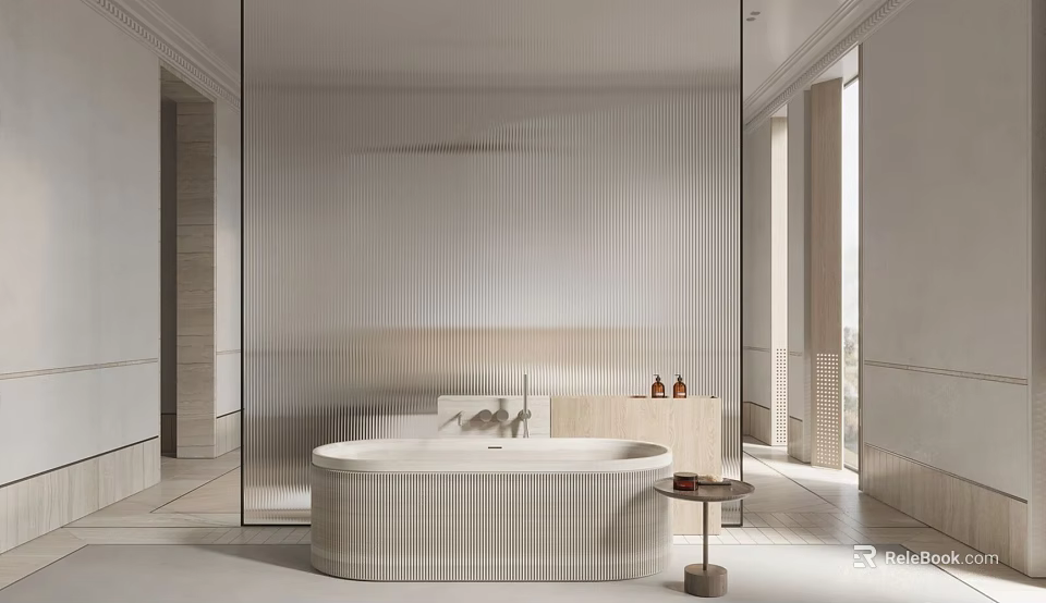 Modern Minimalist Bathroom Interior Design With Ribbed Bathtub Glass Partition And Natural Light 3d model 