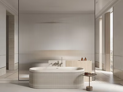 Modern Minimalist Bathroom Interior Design With Ribbed Bathtub Glass Partition And Natural Light 3d model