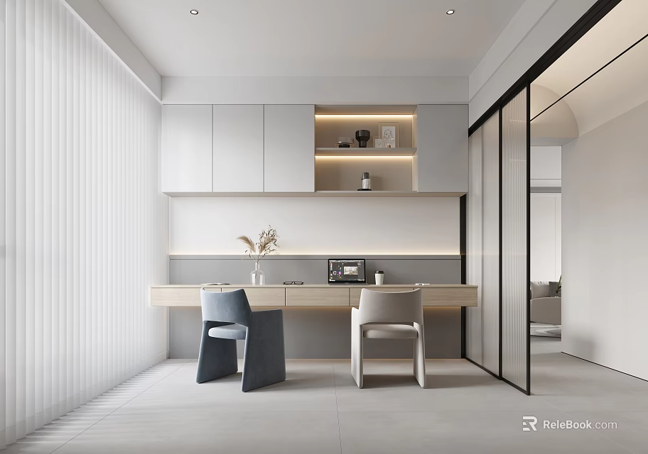 Modern Study Room Interior With Desk Chairs And Wall Cabinets 3d model 