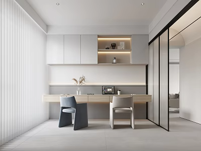 Modern Study Room Interior With Desk Chairs And Wall Cabinets 3d model