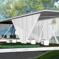 Modern Garden Landscape With White Geometric Pavilion Green Plants And Lawn Area