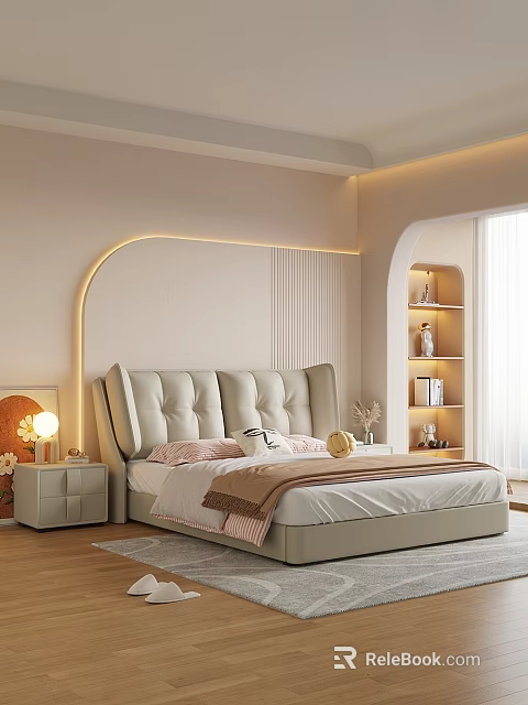 Beige Upholstered Double Bed in Modern Cozy Bedroom with Nightstand and Lit Wall Niche 3d model 