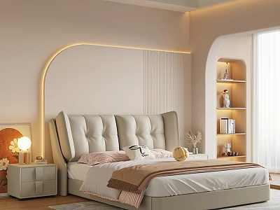 Beige Upholstered Double Bed in Modern Cozy Bedroom with Nightstand and Lit Wall Niche 3d model