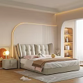 Beige Upholstered Double Bed in Modern Cozy Bedroom with Nightstand and Lit Wall Niche