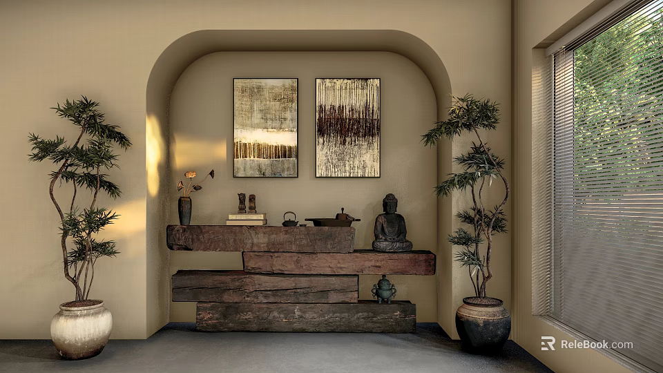 Zen Style Study Room With Wooden Furniture Buddha Statue And Decorative Paintings 3d model 