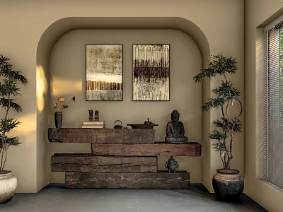 Zen Style Study Room With Wooden Furniture Buddha Statue And Decorative Paintings 3d model