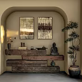 Zen Style Study Room With Wooden Furniture Buddha Statue And Decorative Paintings