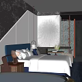 Modern Hotel Room Interior With Blue Headboard White Bedding Marble Wall And Hanging Lamp