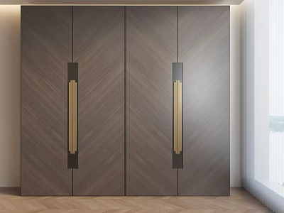 Modern Dark Wooden Wine Cabinet With Four Door Vertical Stripe Design And Golden Handles 3d model