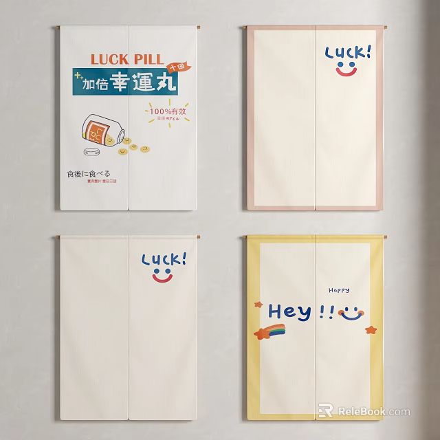 Cute Cartoon Curtains with Luck Hey Text and Smiley Patterns in White Pink Yellow 3d model 