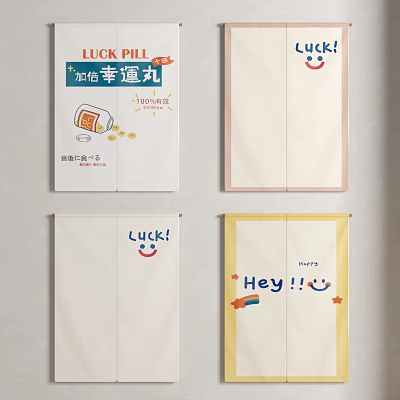Cute Cartoon Curtains with Luck Hey Text and Smiley Patterns in White Pink Yellow 3d model