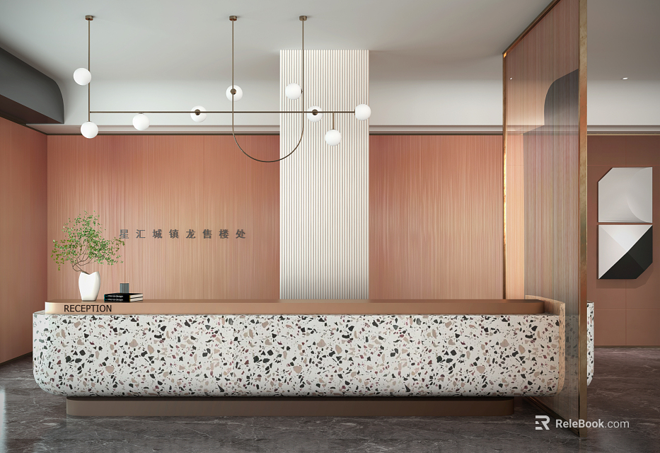 Modern Terrazzo Reception Desk With Speckled Surface Wooden Walls Pendant Lights And Green Plant 3d model 