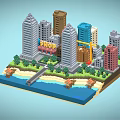 Cartoon Pixel City Scene With Various Colored Tall Buildings Trees Beach And Water