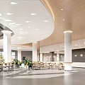 Modern Service Hall Interior With Wooden Ceiling And Open Layout 3d model