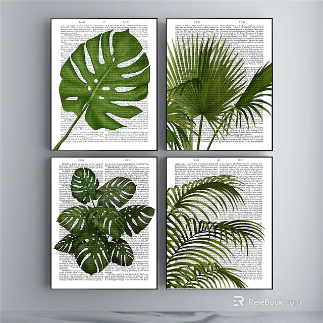 Botanical Plant Paintings With Monstera And Palm Leaves On Newspaper Background 3d model 
