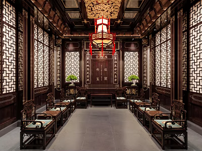 Ancient Chinese Architectural Hall Interior With Wooden Carvings Red Lantern And Decorative Windows 3d model