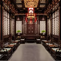 Ancient Chinese Architectural Hall Interior With Wooden Carvings Red Lantern And Decorative Windows