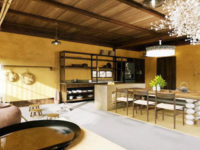 Traditional Restaurant Interior With Wooden Ceiling Chandelier Yellow Walls Dining Table Chairs 3d model