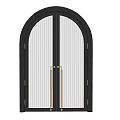 Black Double Doors With Arched Top And Ribbed Glass Golden Handles