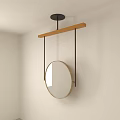 Round Mirror With Wooden Crossbar And Metal Brackets Hanging On White Wall