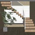 Modern Interior Space With Wooden Staircase Brick Wall Window Blinds And Potted Plant