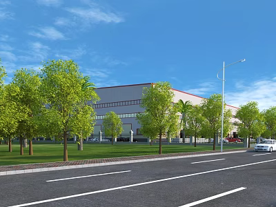 Industrial Factory Building With Green Trees Lawn Road And Blue Sky View 3d model
