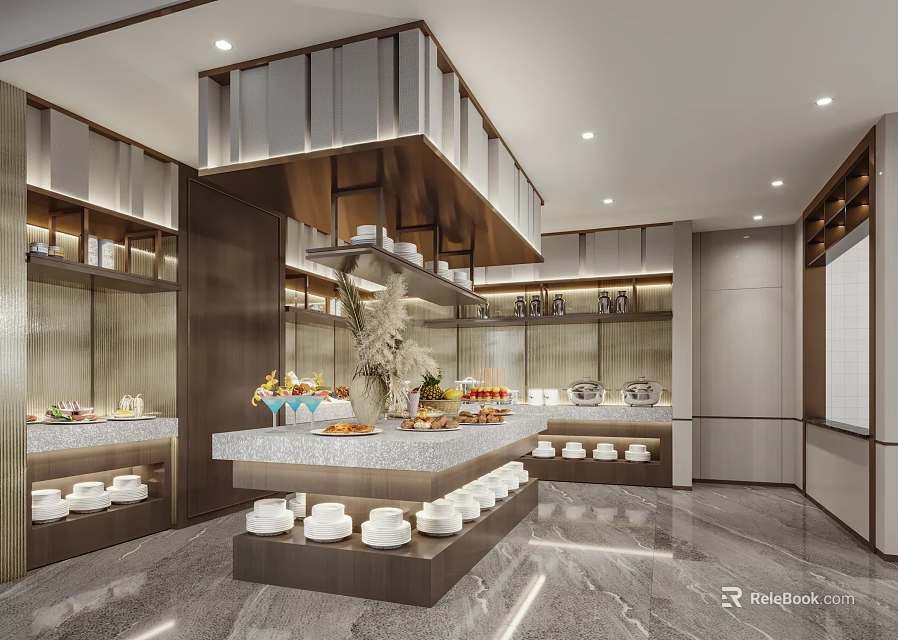 Modern Restaurant Kitchen Interior With Marble Counter Displayed Food And Cabinets 3d model 