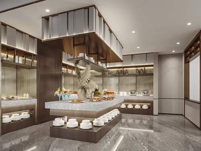 Modern Restaurant Kitchen Interior With Marble Counter Displayed Food And Cabinets 3d model