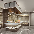 Modern Restaurant Kitchen Interior With Marble Counter Displayed Food And Cabinets