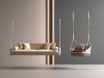 Modern Indoor Hanging Chairs Long Sofa Style And Round Woven With Soft Decorative Cushions 3d model