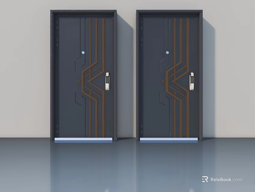 Double Dark Gray Swing Doors With Brown Geometric Lines Silver Handles And Blue Base Trim 3d model 