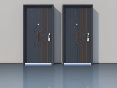 Double Dark Gray Swing Doors With Brown Geometric Lines Silver Handles And Blue Base Trim 3d model