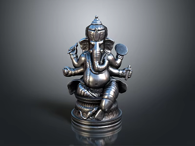 Silver Ganesha Statue In Sitting Posture With Detailed Design And Ornate Base 3d model