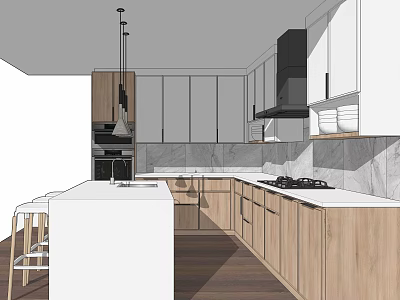 Modern Kitchen Interior Featuring Wooden Cabinets Island Countertop And Pendant Lights 3d model