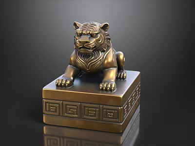 Brass Lion Statue On Square Base With Intricate Decorative Patterns 3d model