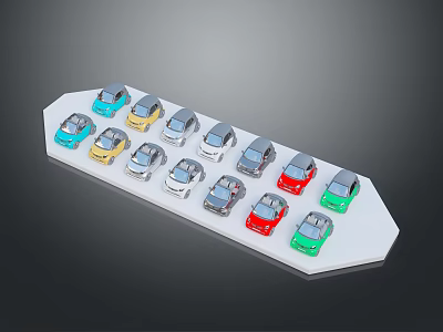 Colorful toy cars in various colors arranged on white display stand 3d model