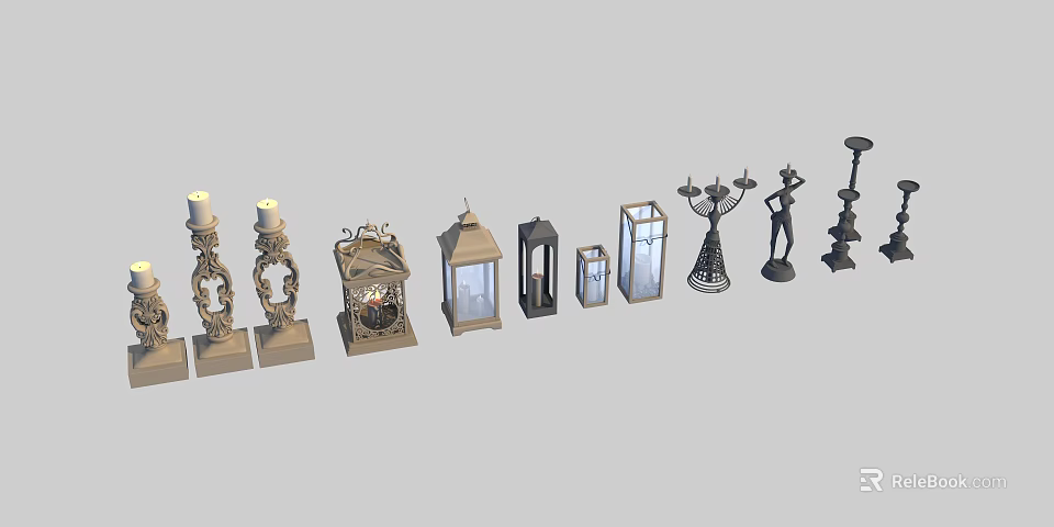 Assorted Design Candle Lamps Featuring Intricate Patterns And Decorative Bases 3d model