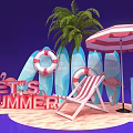 Summer Beach Scene With Surfboards Life Rings Palm Tree And Deck Chair