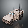 Armored Military Vehicle in Desert Sand Color With Multiple Antennas Heavy Duty Wheels and Roof Mounted Gear