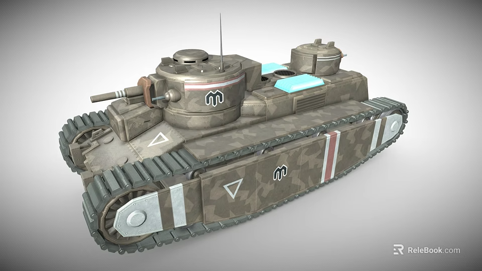 Vintage Military Tank with Dual Turrets Camouflage Paint Stripes Tracks and Insignia 3d model 