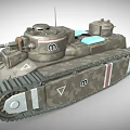 Vintage Military Tank with Dual Turrets Camouflage Paint Stripes Tracks and Insignia