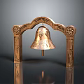 Brass Colored Arched Gate With Hanging Bell Carved Intricate Decorations And Shiny Reflections
