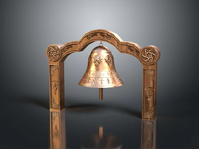 Brass Colored Arched Gate With Hanging Bell Carved Intricate Decorations And Shiny Reflections 3d model