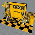 Vibrant Yellow Display Setup With FENGJIE Warning Signs Oil Drums And Airplane Model
